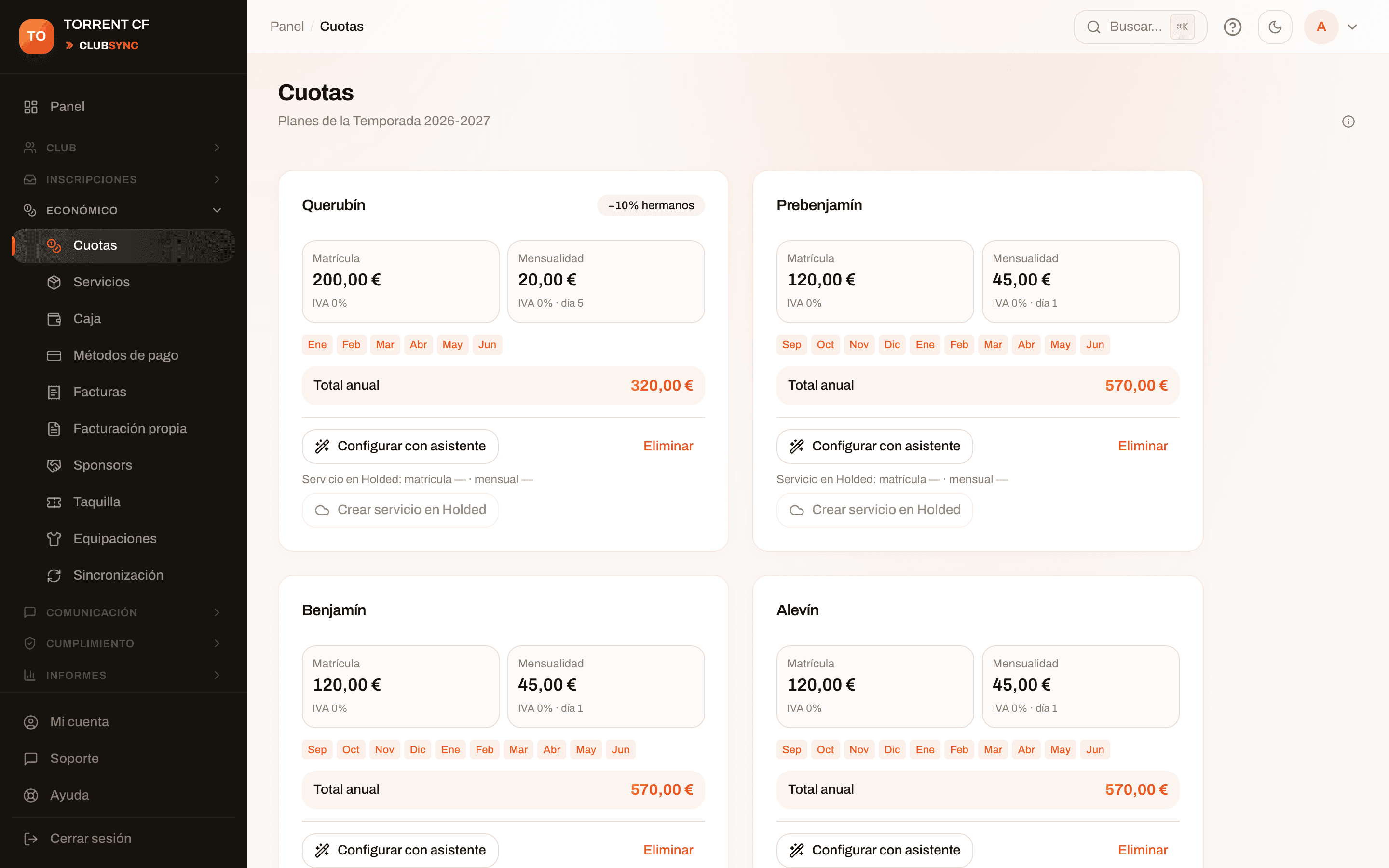Gestión de cuotas por categoría en ClubSync