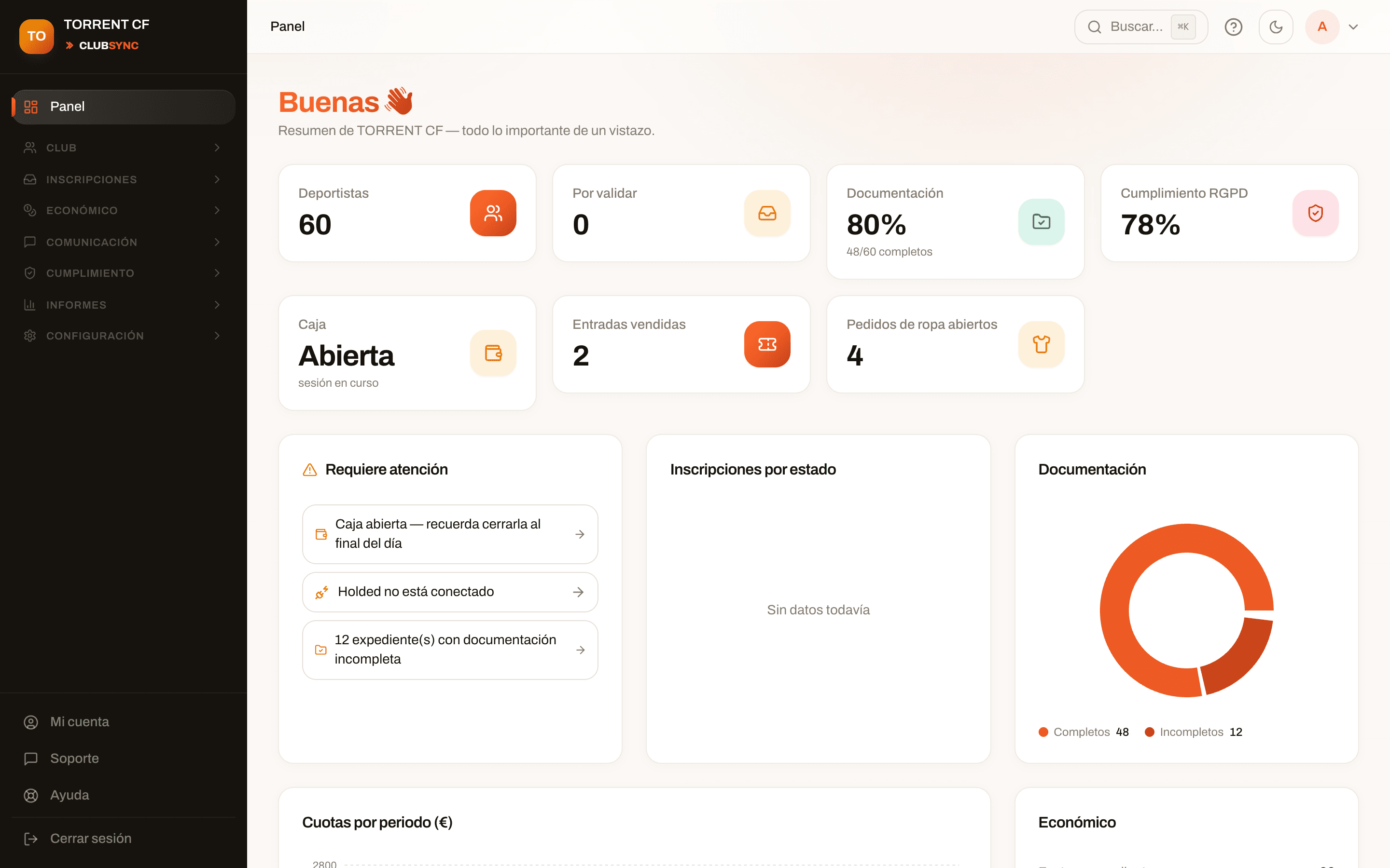 Panel del club en ClubSync: deportistas, documentación, caja, entradas y pedidos de un vistazo