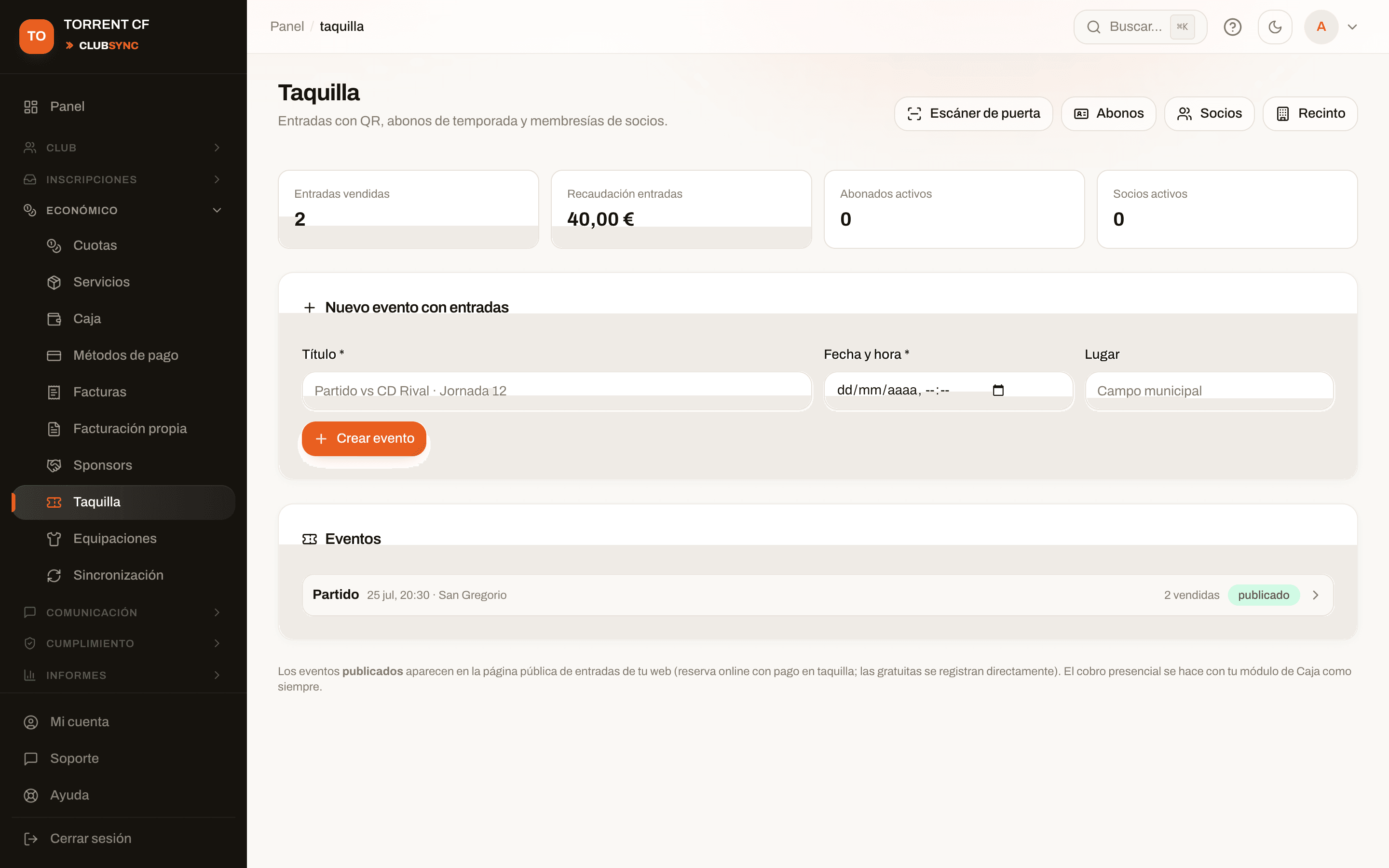 Taquilla de ClubSync: entradas con QR, abonos y aforo